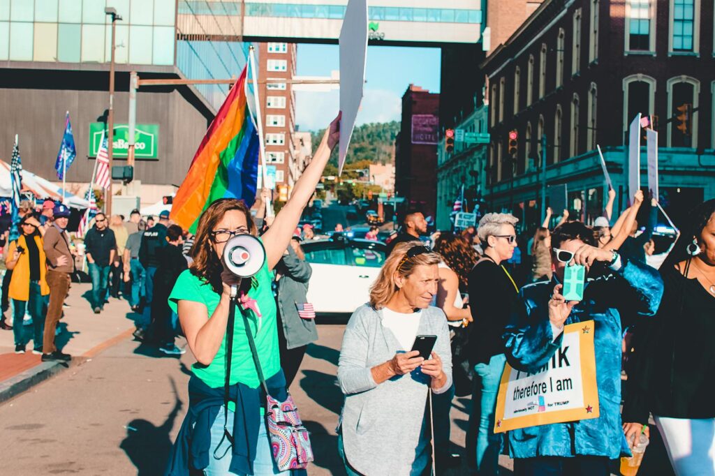 people rallying on street